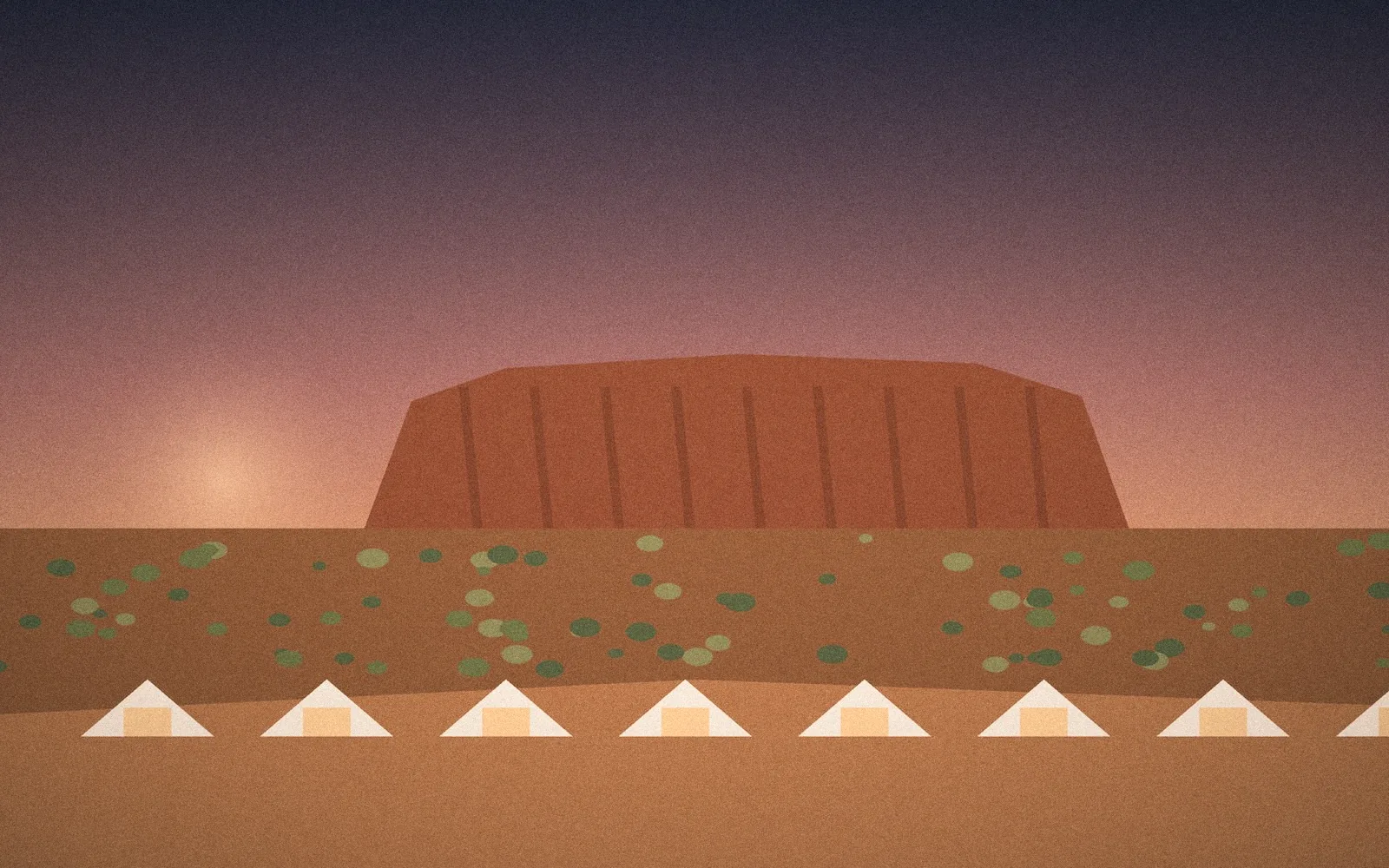 Illustration: Uluṟu glowing beyond the tented camp at dusk